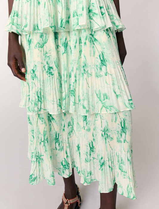 Green Floral Print Ecru Base-Patterned ruffled maxi dress