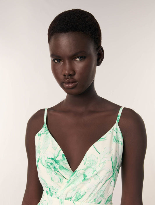 Green Floral Print Ecru Base-Patterned ruffled maxi dress