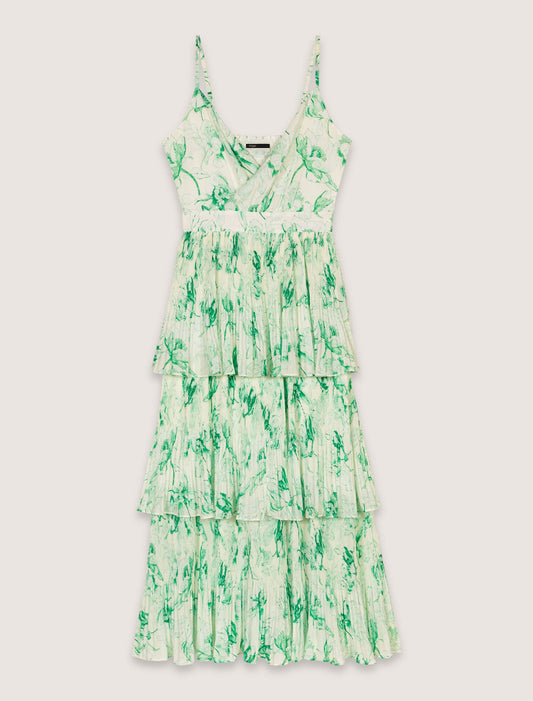 Green Floral Print Ecru Base-Patterned ruffled maxi dress