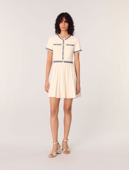 Ecru-featured-Pleated knit short dress