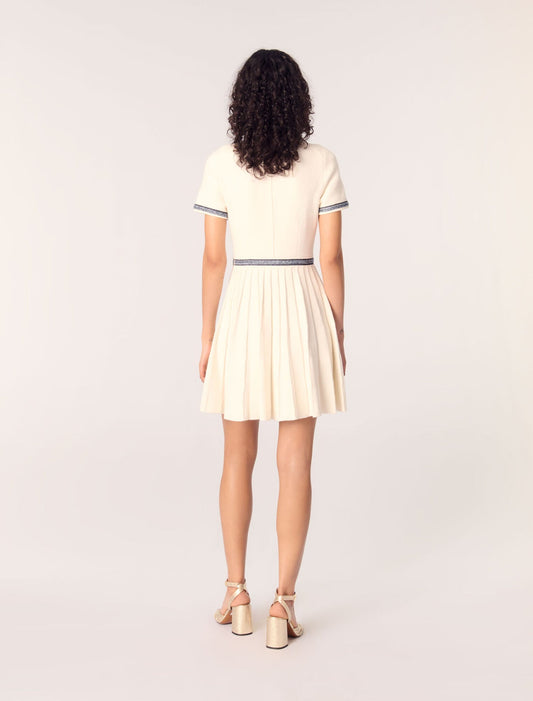 Ecru-Pleated knit short dress