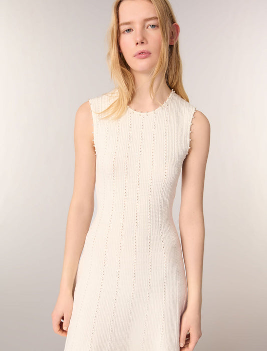 White-Beaded pointelle knit dress