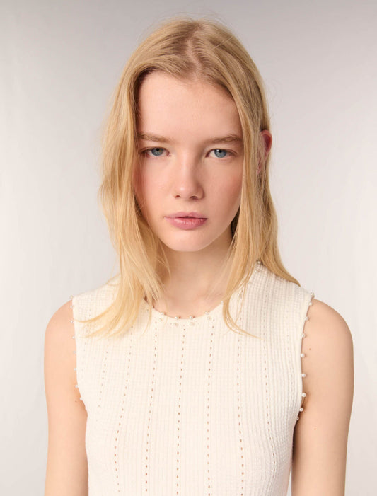 White-Beaded pointelle knit dress