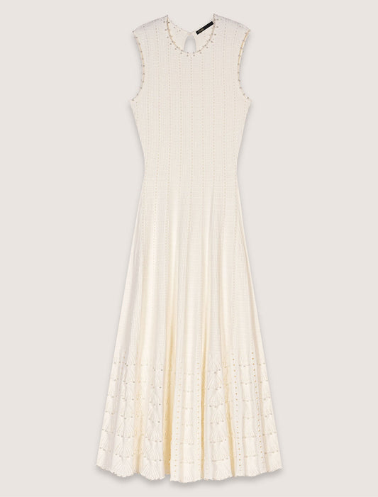 White-Beaded pointelle knit dress