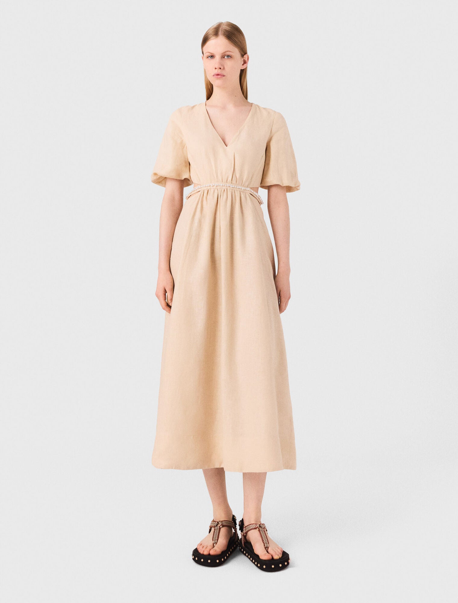Beige-featured Linen maxi dress