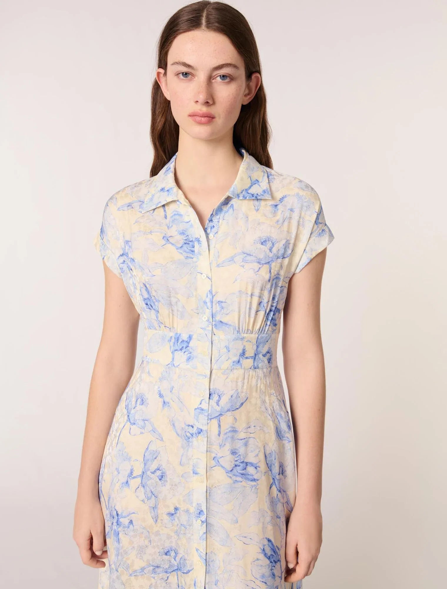 Blue Flower Print Ecru Base-Patterned Maxi Dress