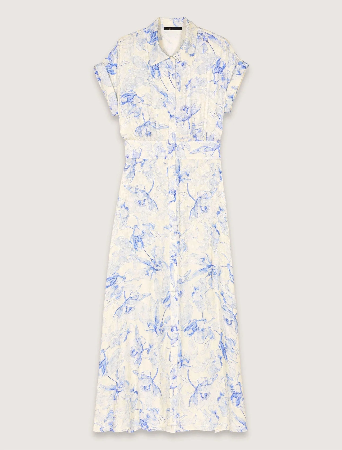 Blue Flower Print Ecru Base-Patterned Maxi Dress
