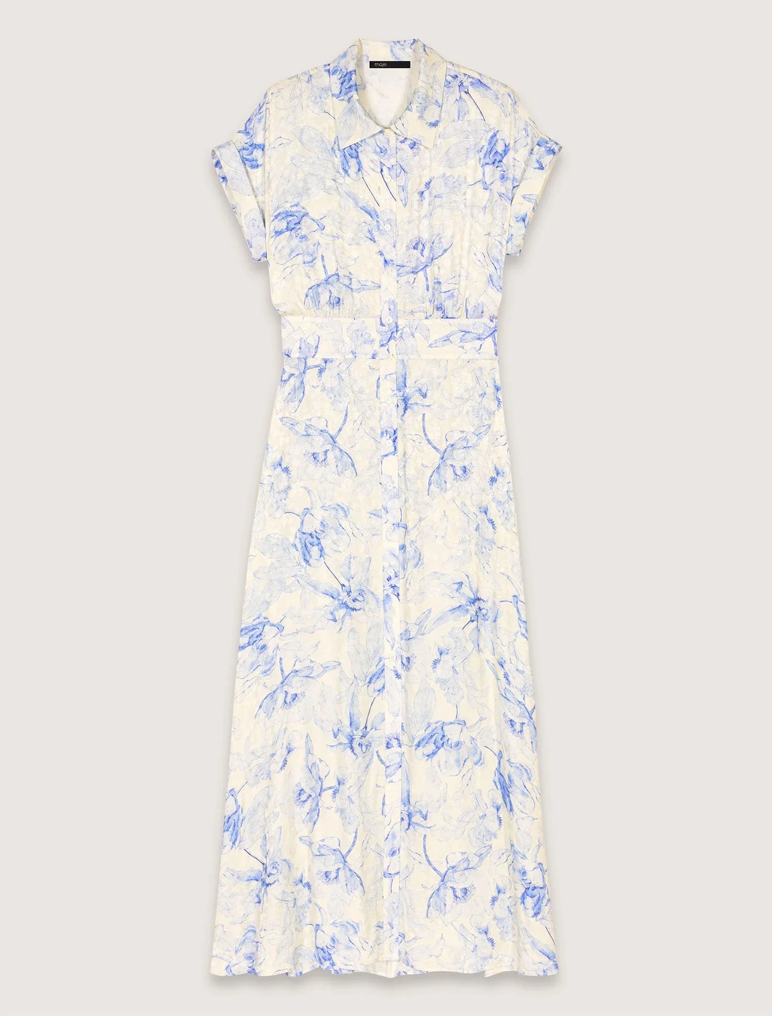 Blue Flower Print Ecru Base-Patterned Maxi Dress