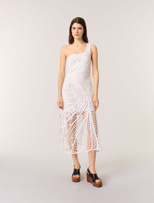 White-featured-Asymmetrical crochet maxi dress