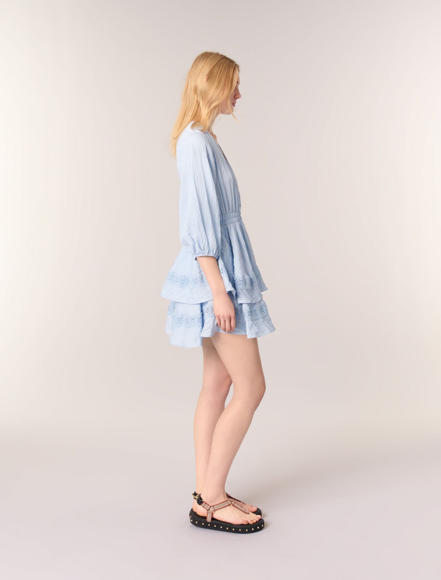 Blue Sky-Dress with ruffles and lace details
