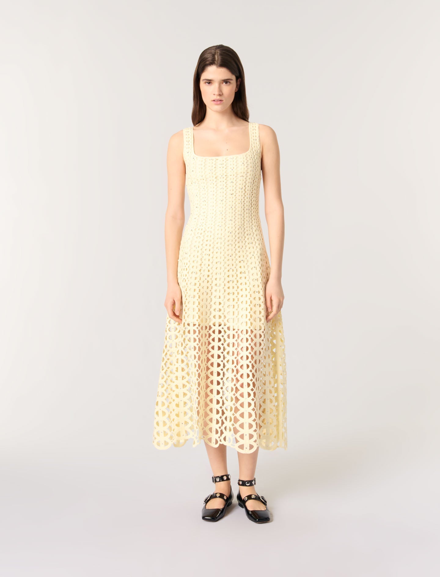 Yellow-featured-Rhinestone crochet midi dress