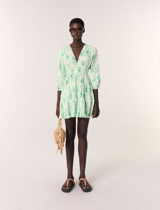Green Floral Print Ecru Base-featured-Patterned pleated short dress