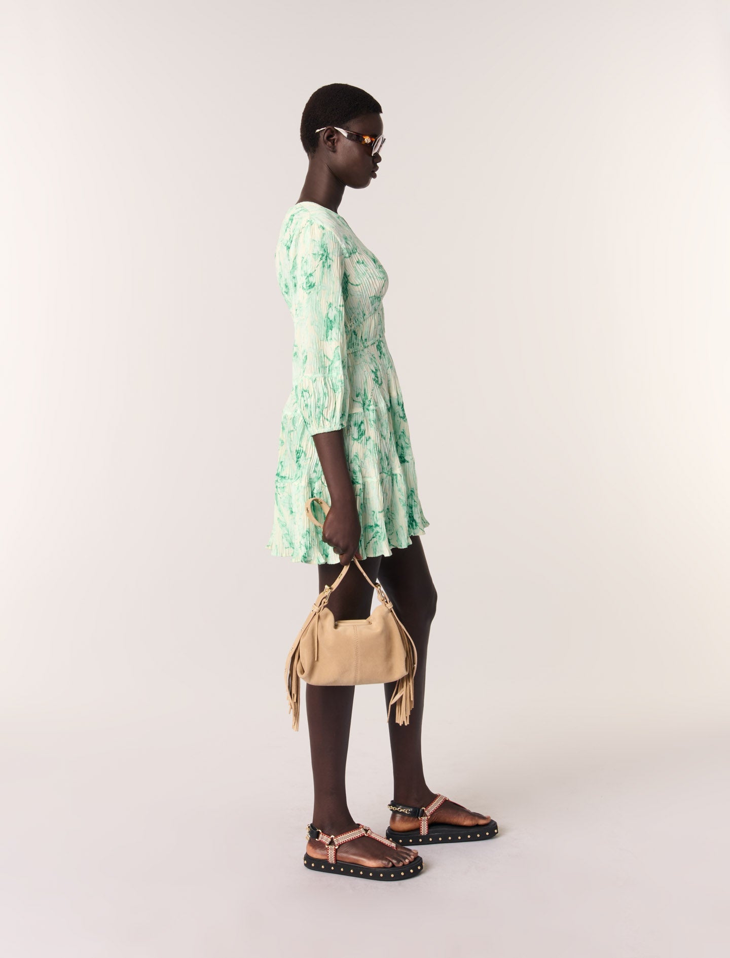 Green Floral Print Ecru Base-Patterned pleated short dress