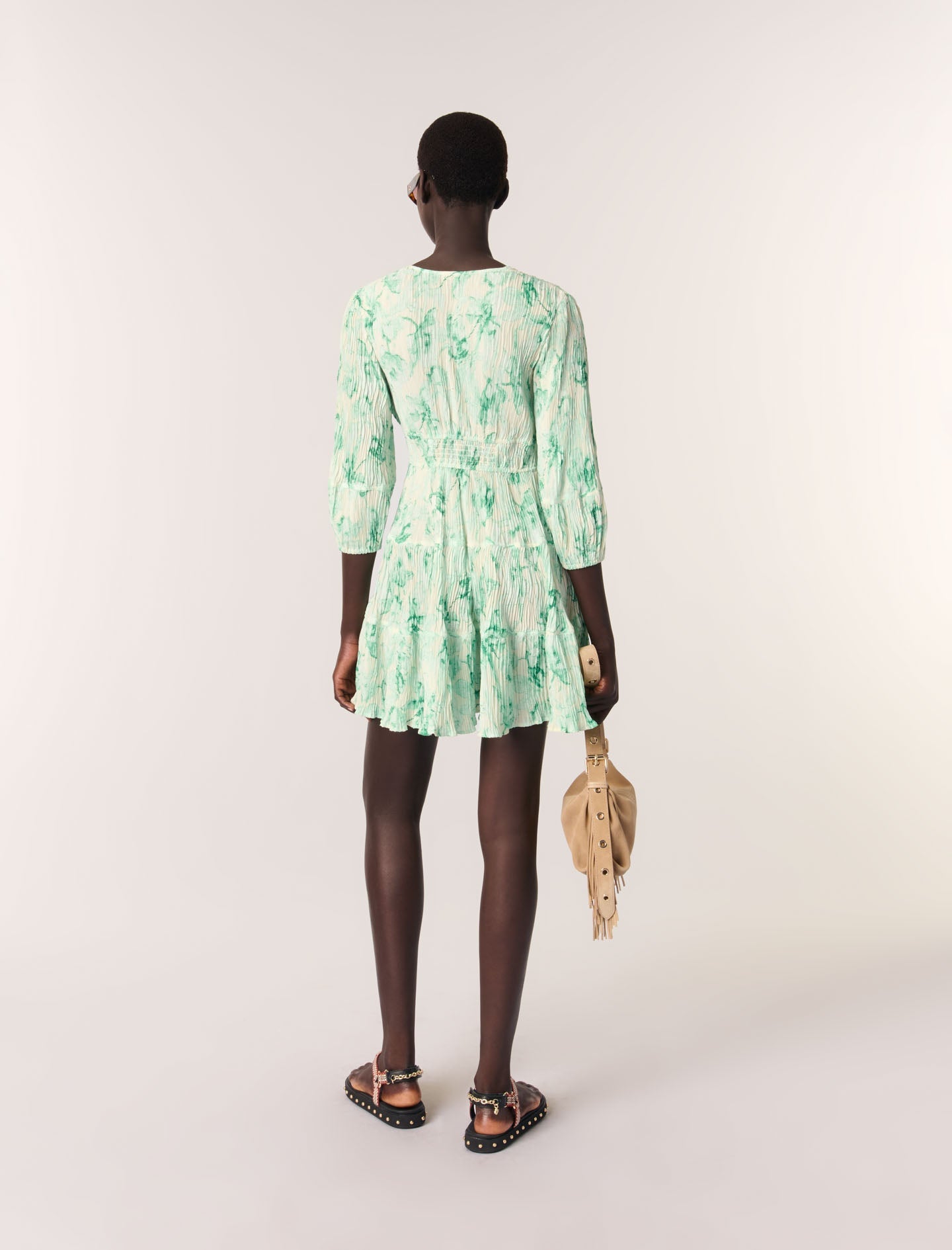 Green Floral Print Ecru Base-Patterned pleated short dress