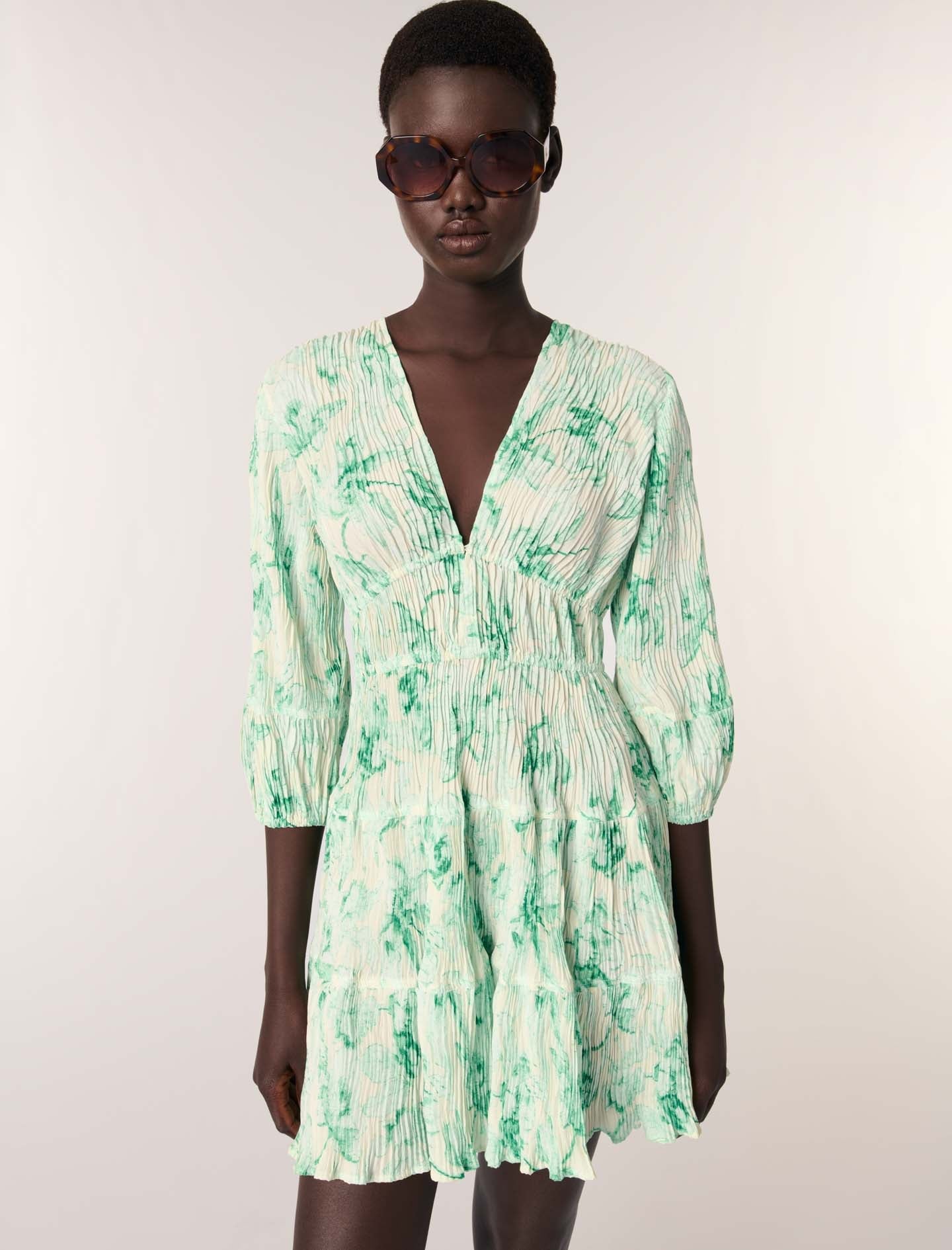 Green Floral Print Ecru Base-Patterned pleated short dress