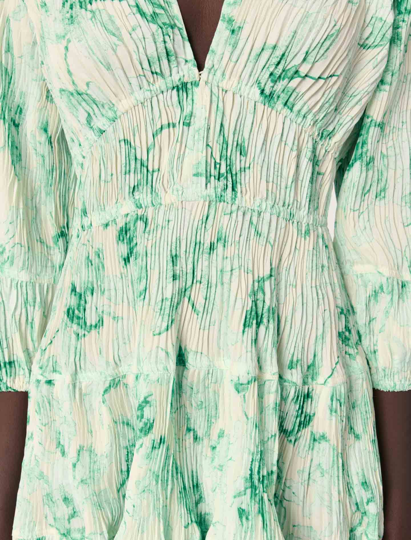 Green Floral Print Ecru Base-Patterned pleated short dress
