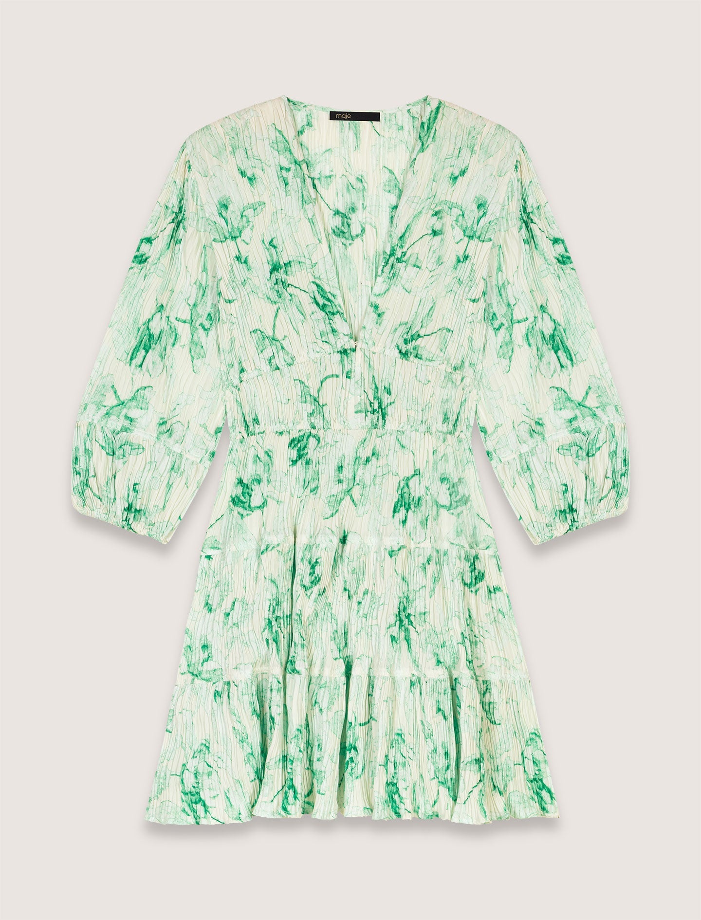 Green Floral Print Ecru Base-Patterned pleated short dress