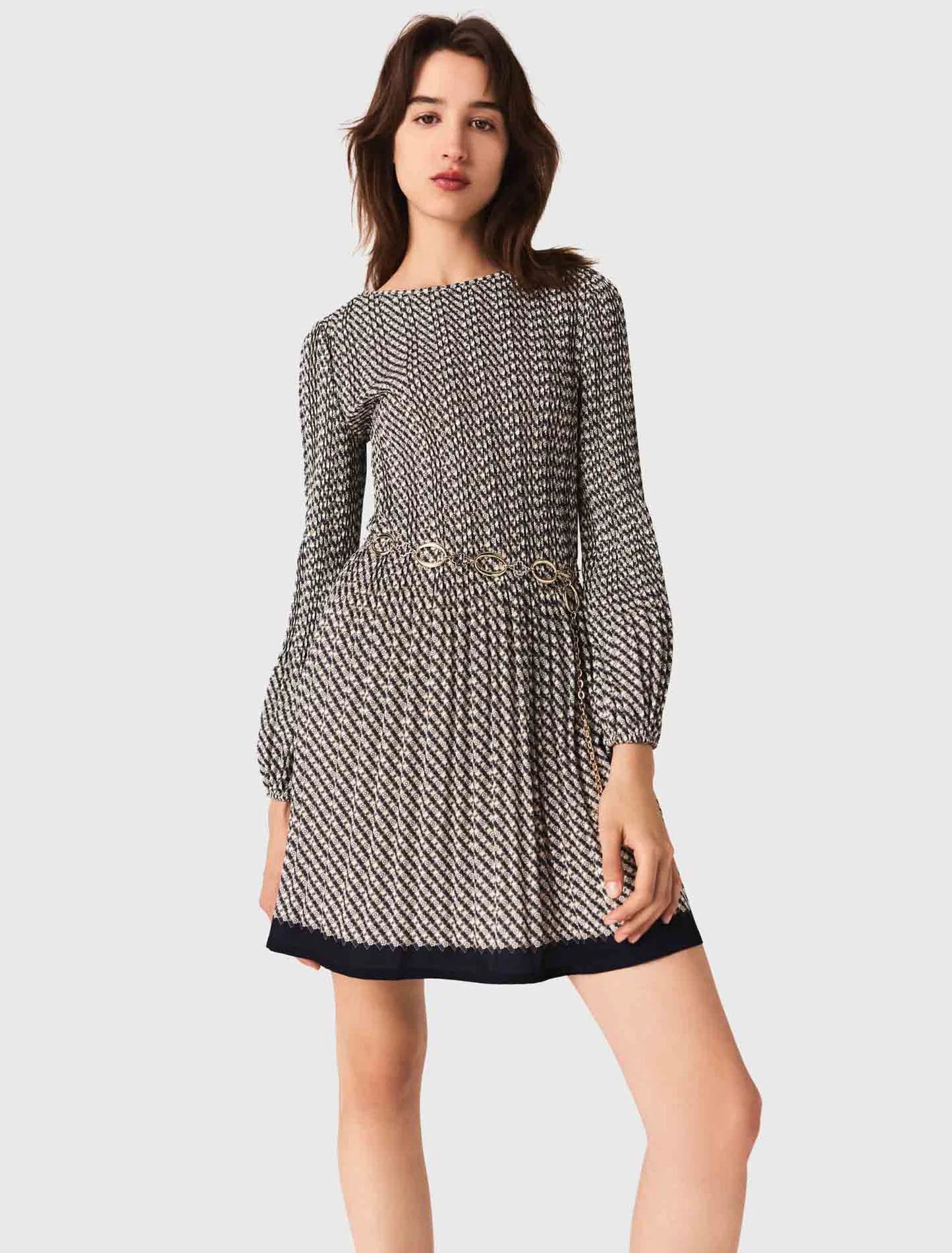 Patterned pleated dress Ecru Print-Tie