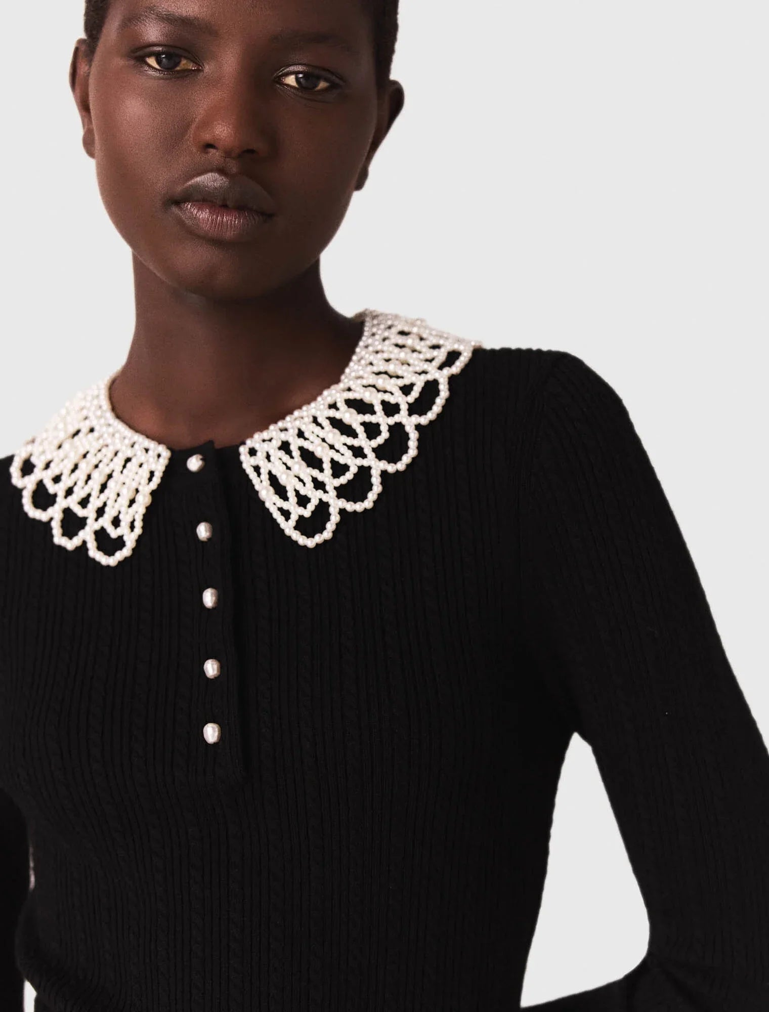 mfpro04468 short beaded collar knit dress black