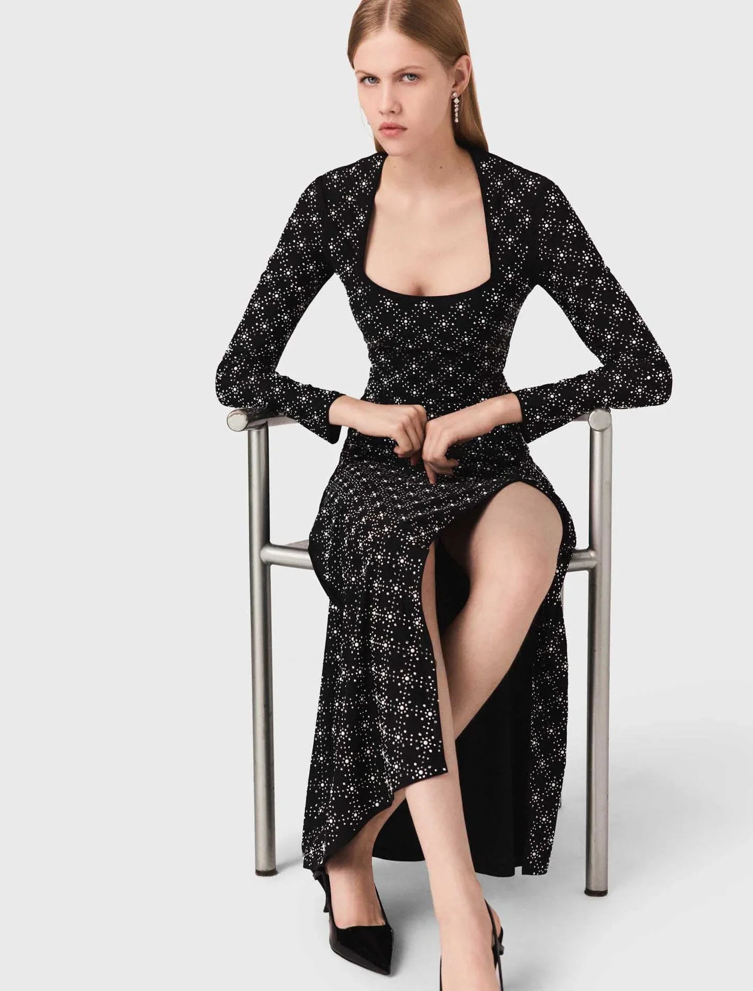 Beaded and rhinestone maxi dress Black