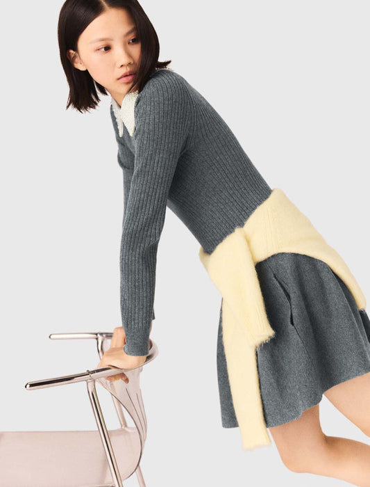 Beaded-collar short knit dress GREY