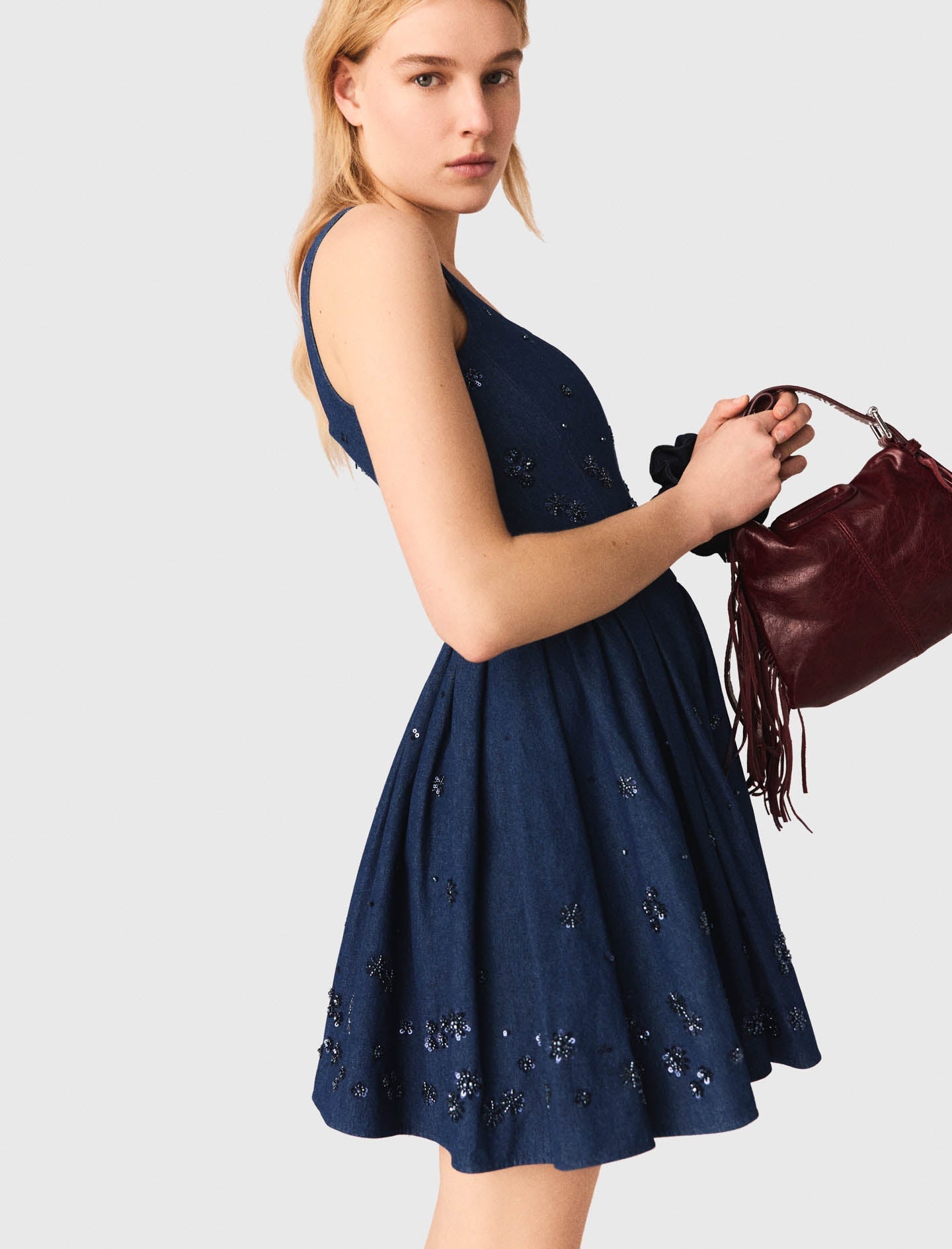 Flared Embroidered Denim Dress NAVY