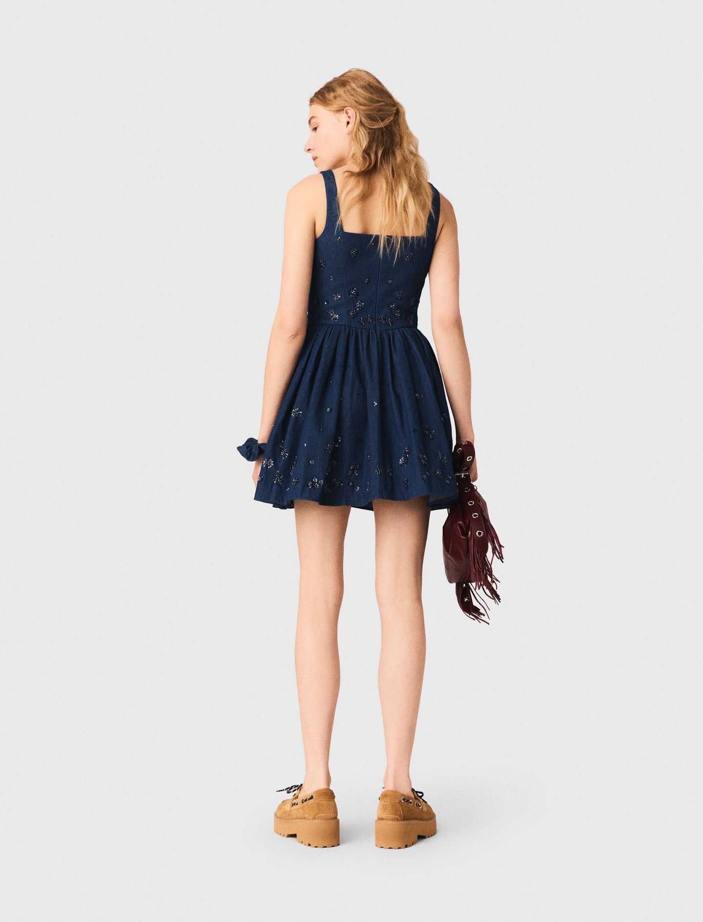 Flared Embroidered Denim Dress NAVY
