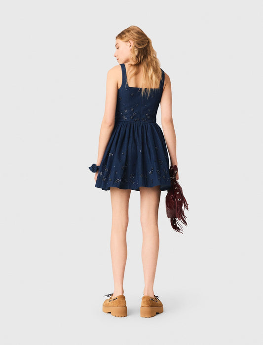 Flared Embroidered Denim Dress NAVY
