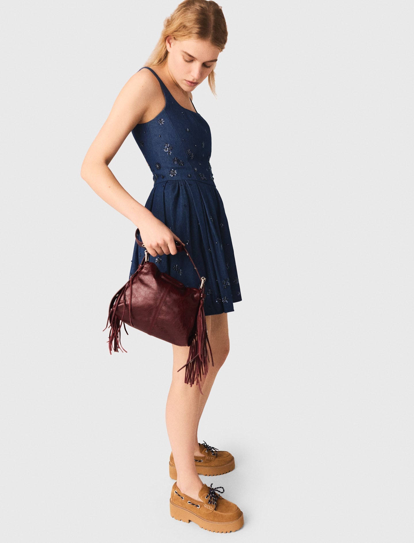 Flared Embroidered Denim Dress NAVY