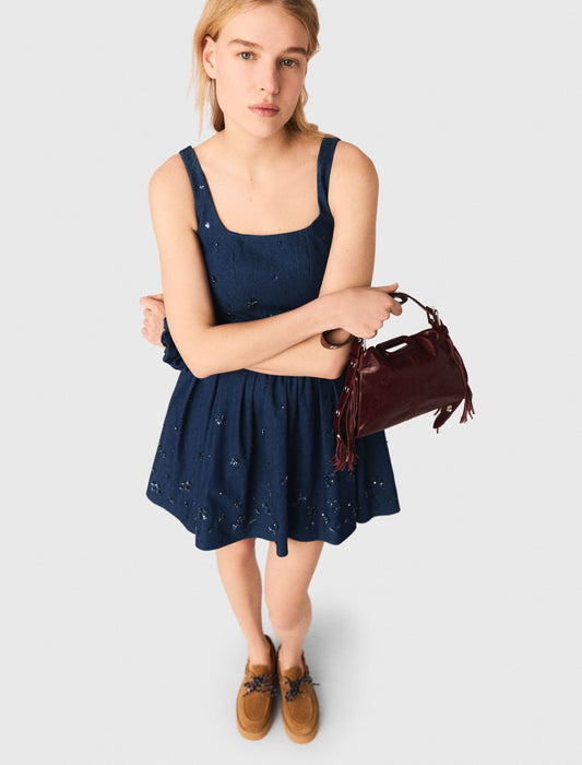 Flared Embroidered Denim Dress NAVY