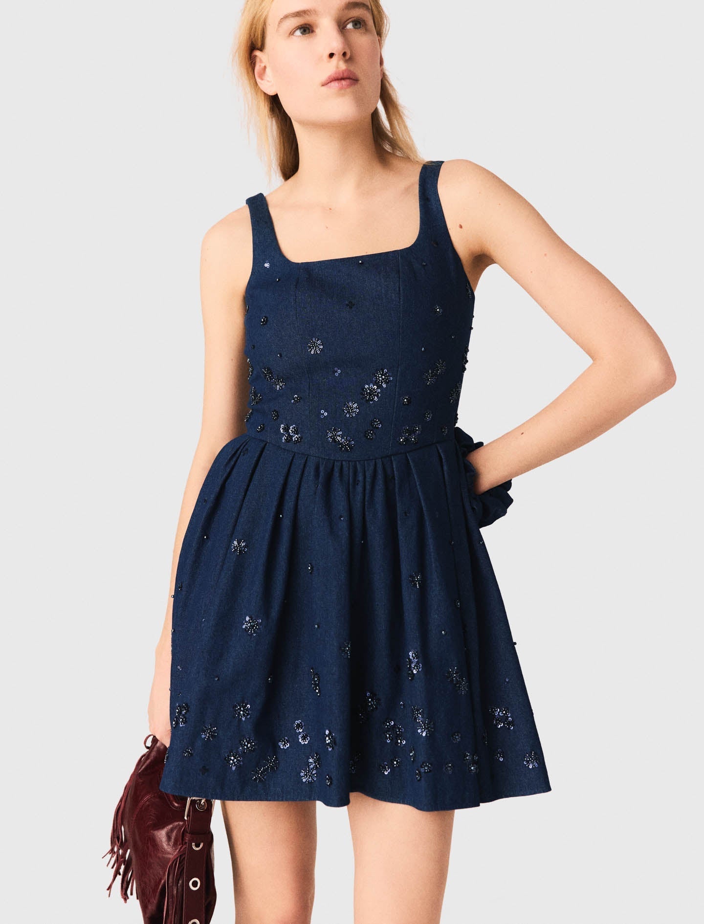 Flared Embroidered Denim Dress NAVY