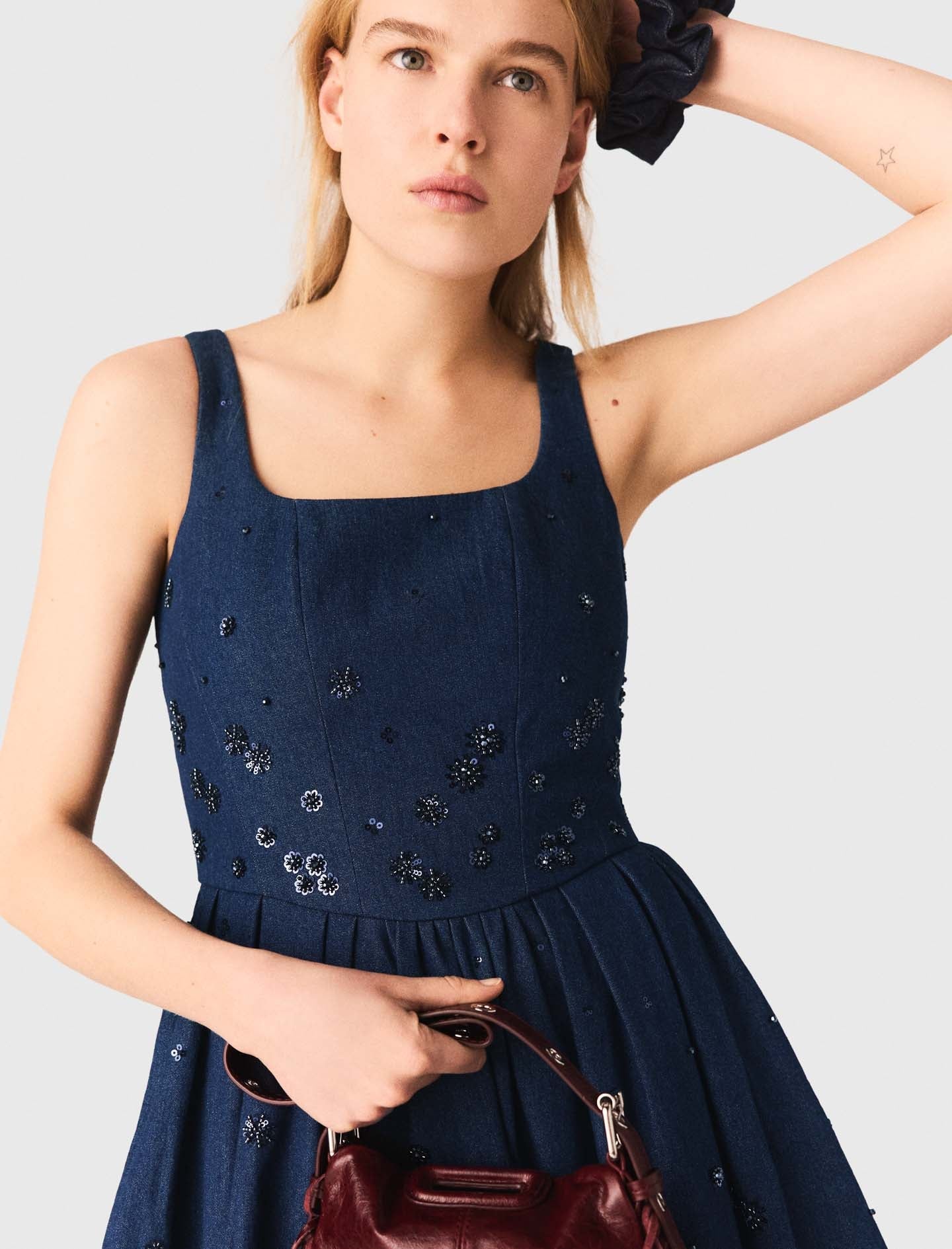 Flared Embroidered Denim Dress NAVY