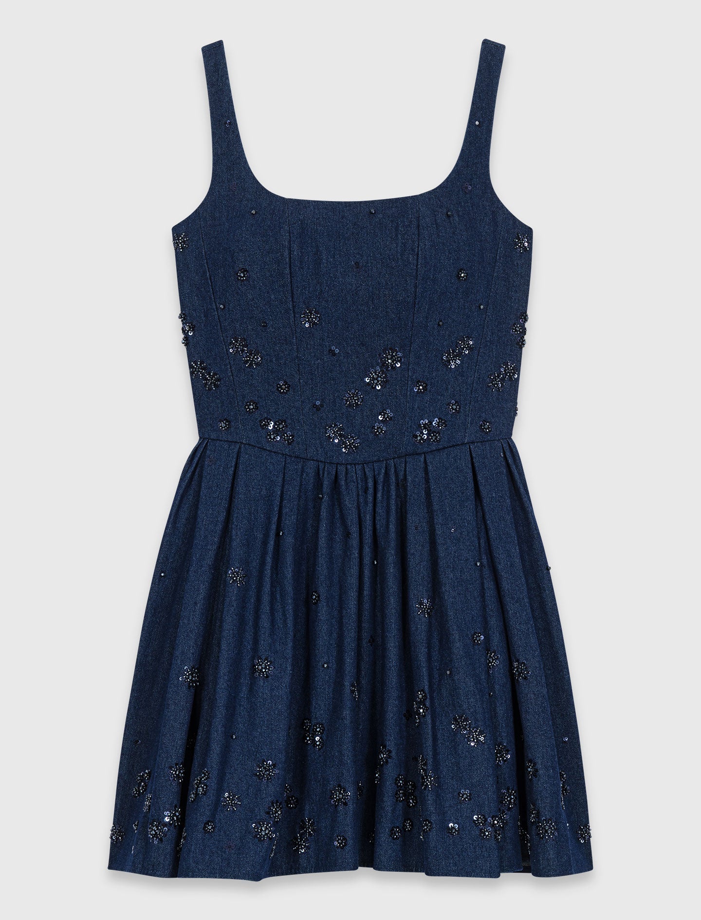 Flared Embroidered Denim Dress NAVY