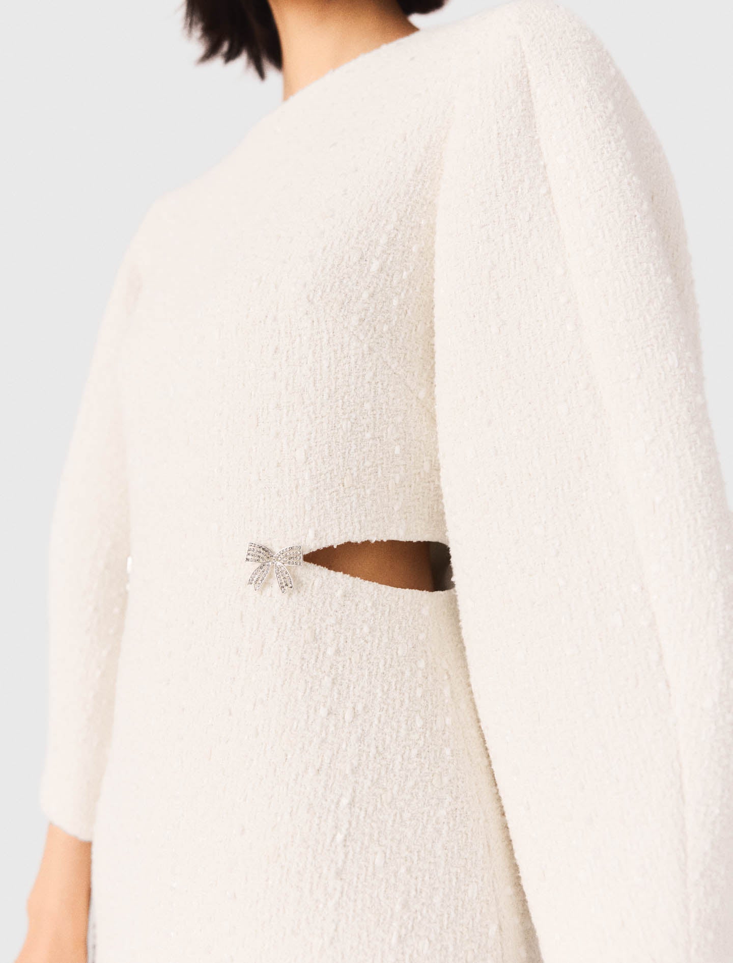 Short Balloon-Sleeve Tweed Dress Ecru