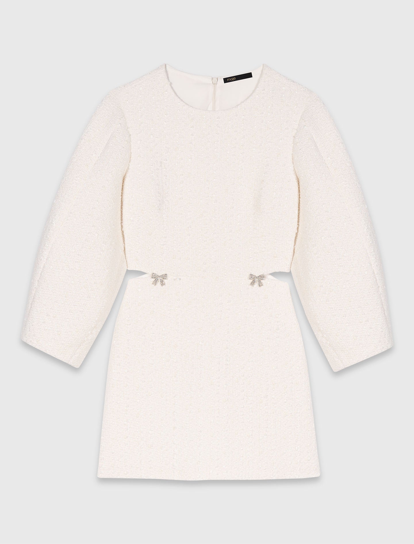 Short Balloon-Sleeve Tweed Dress Ecru