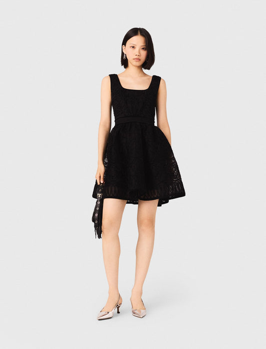 Short Embroidered Basket Knit Dress Black