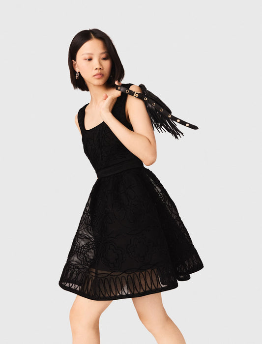 Short Embroidered Basket Knit Dress Black