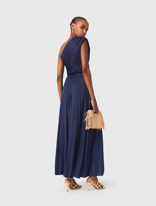 Asymmetrical Pleated Maxi Dress Navy