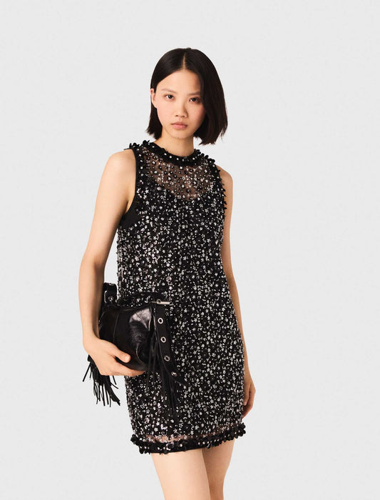 Rhinestone Floral Dress Black