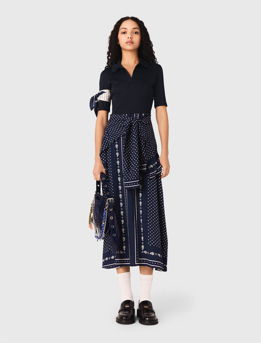 Patterned Mixed-Material Dress NAVY