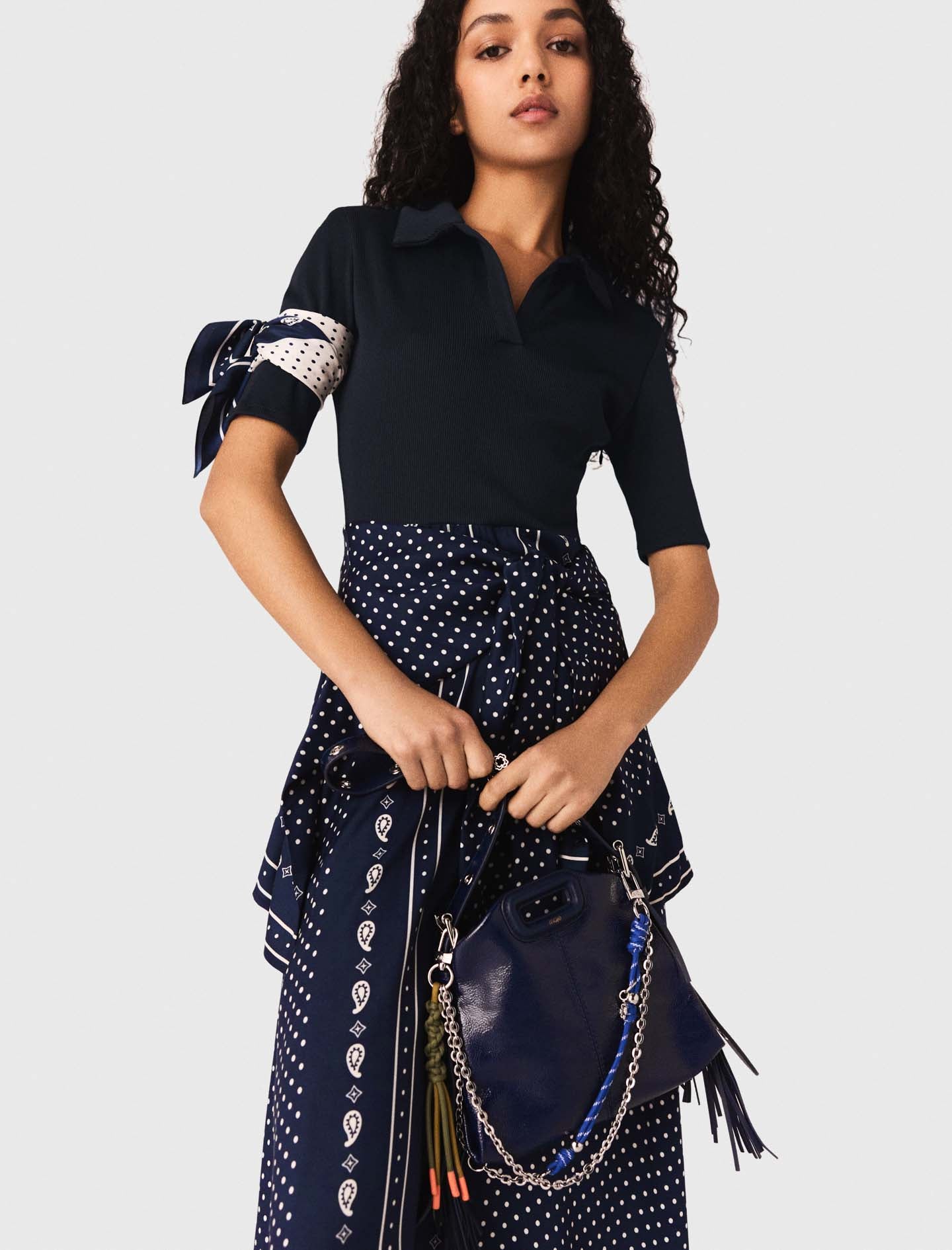 Patterned Mixed-Material Dress NAVY