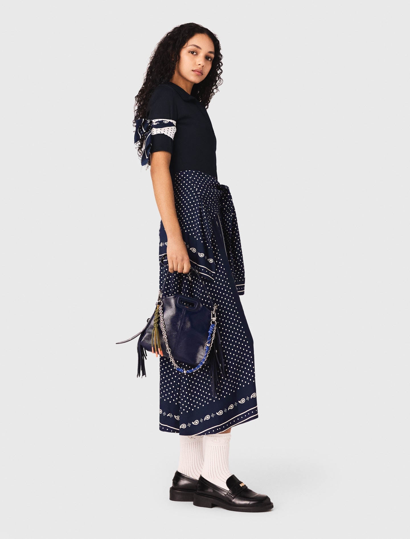 Patterned Mixed-Material Dress NAVY
