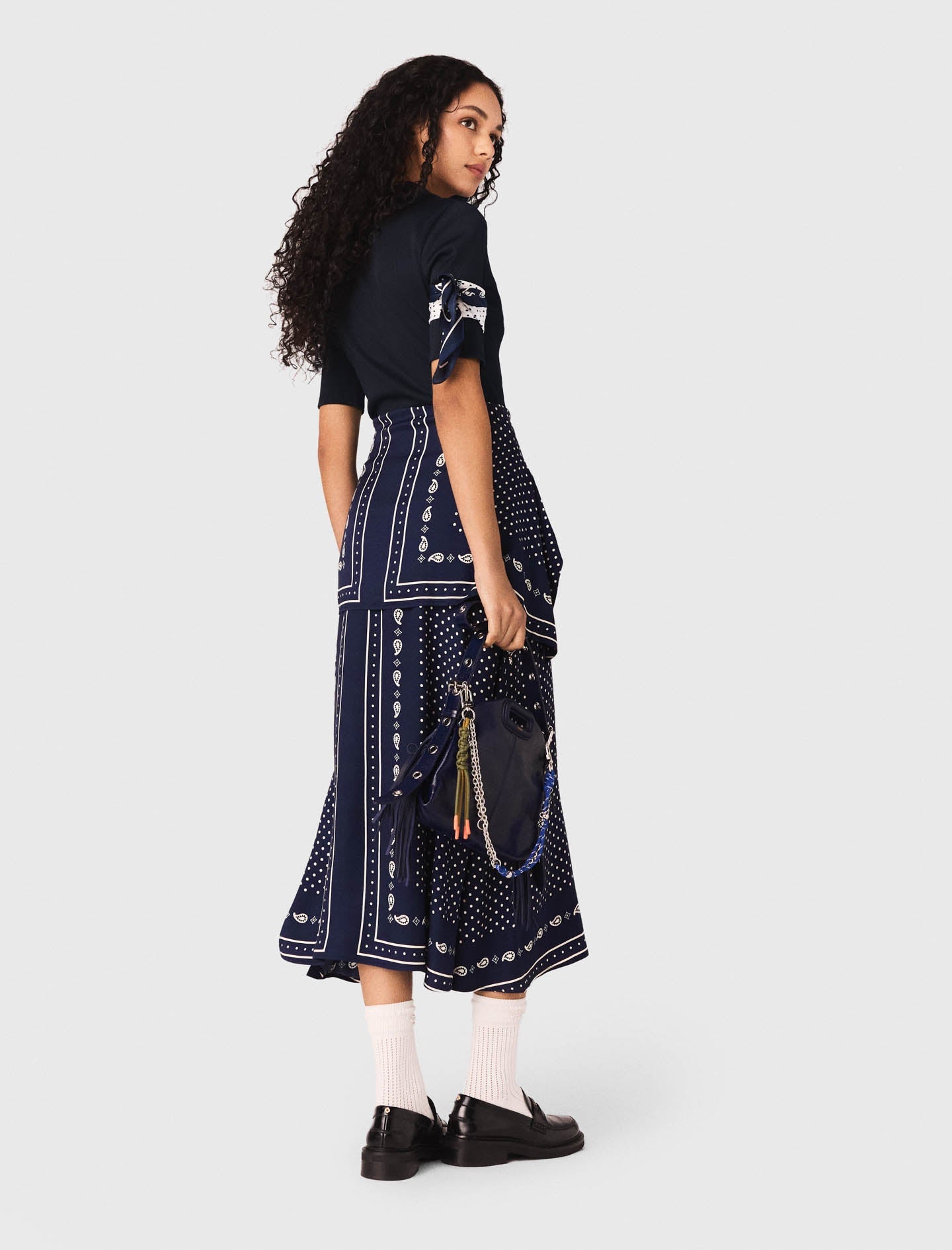 Patterned Mixed-Material Dress NAVY