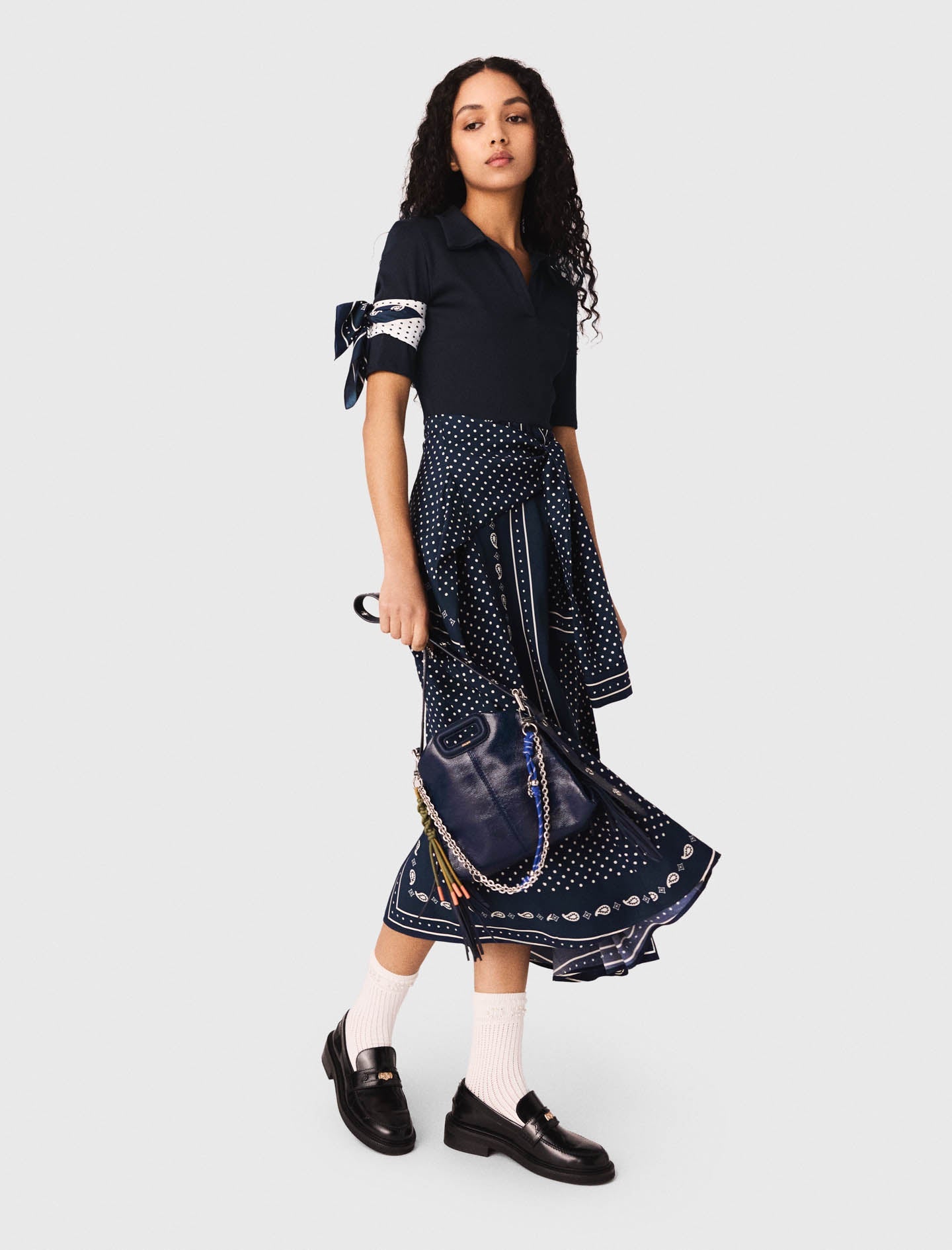 Patterned Mixed-Material Dress NAVY