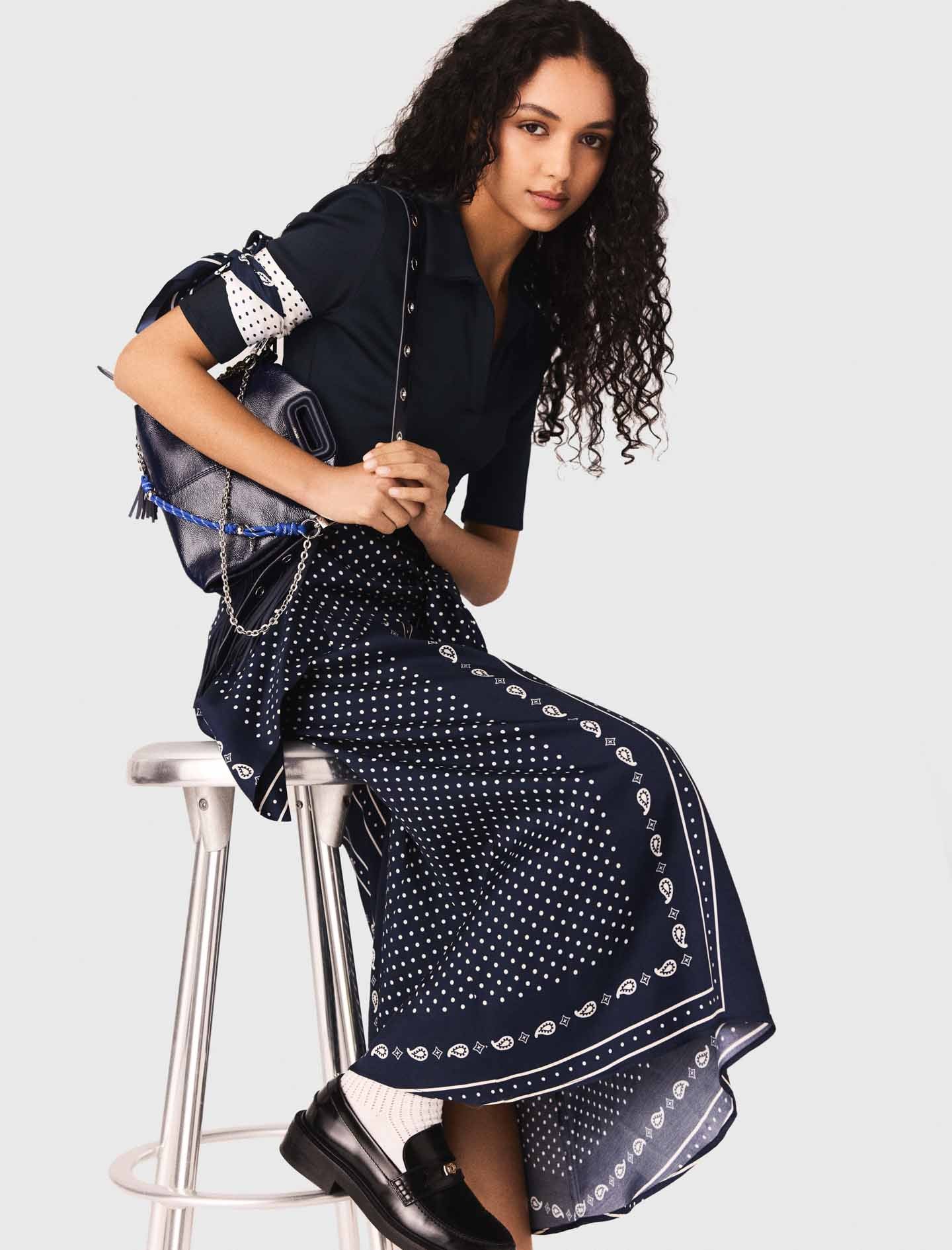 Patterned Mixed-Material Dress NAVY