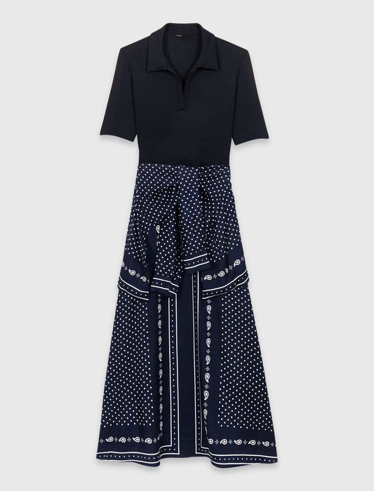 Patterned Mixed-Material Dress NAVY