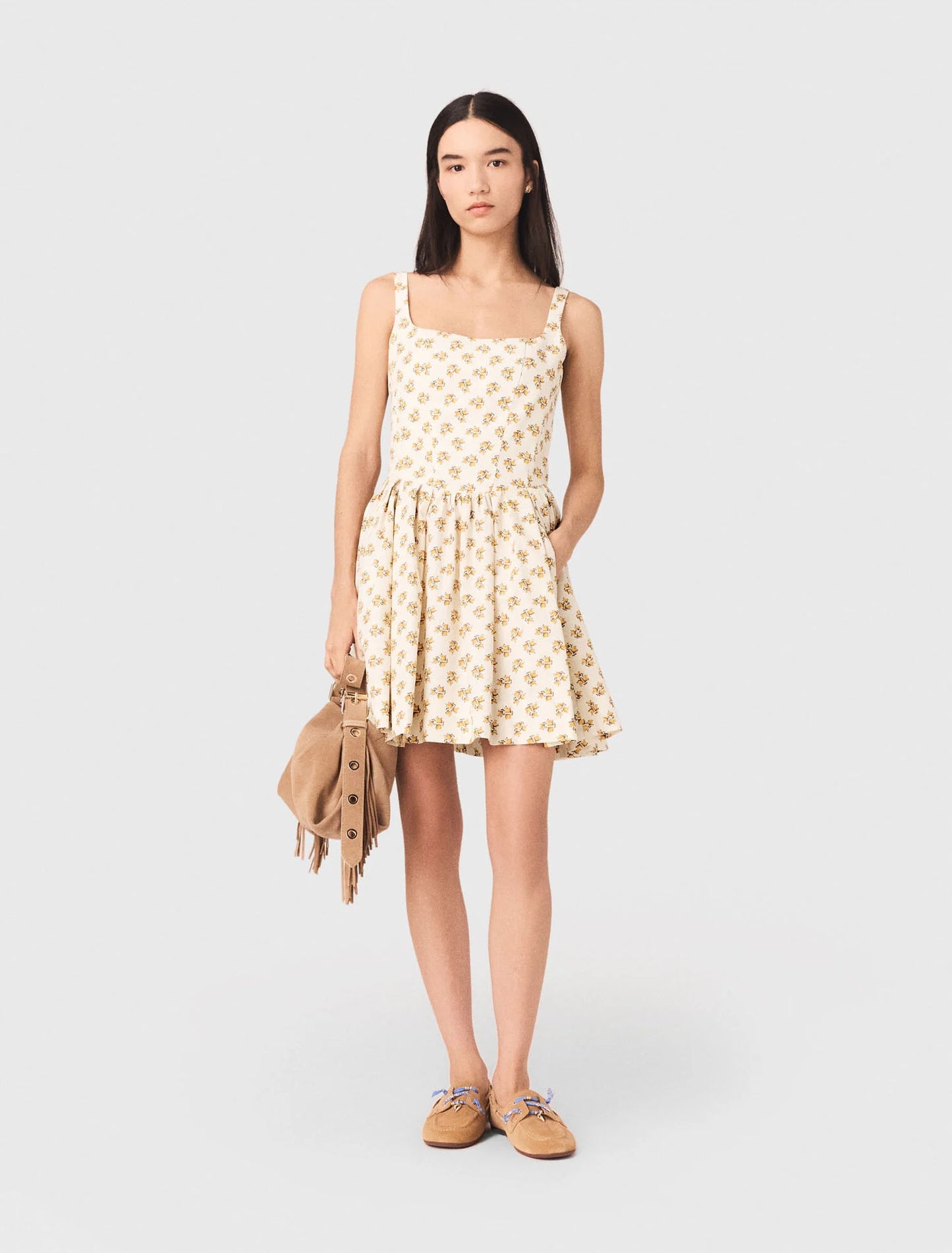 Short Flared Patterned Dress Yellow Small Flowers Print