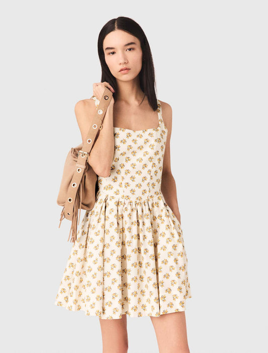 Short Flared Patterned Dress Yellow Small Flowers Print