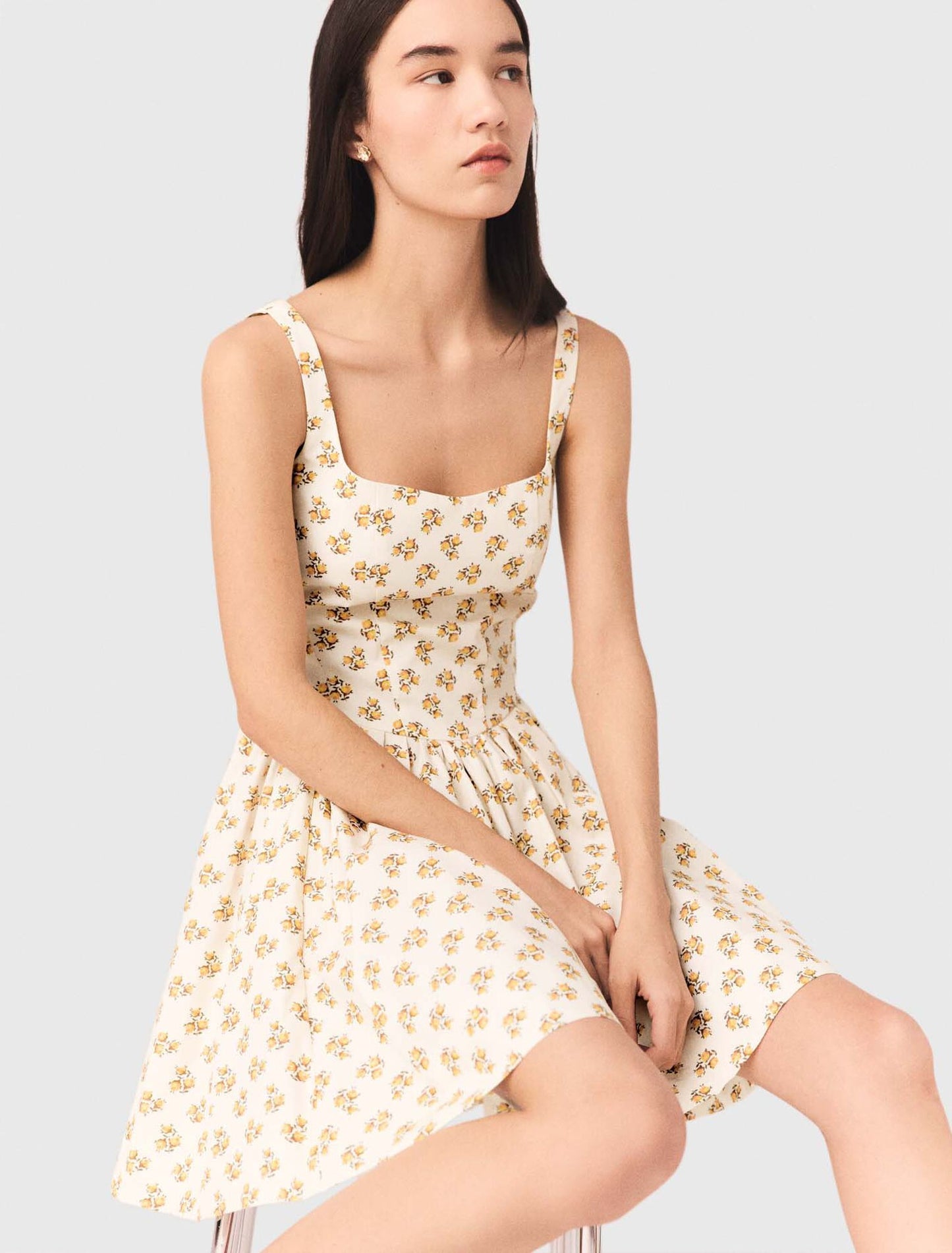 Short Flared Patterned Dress Yellow Small Flowers Print