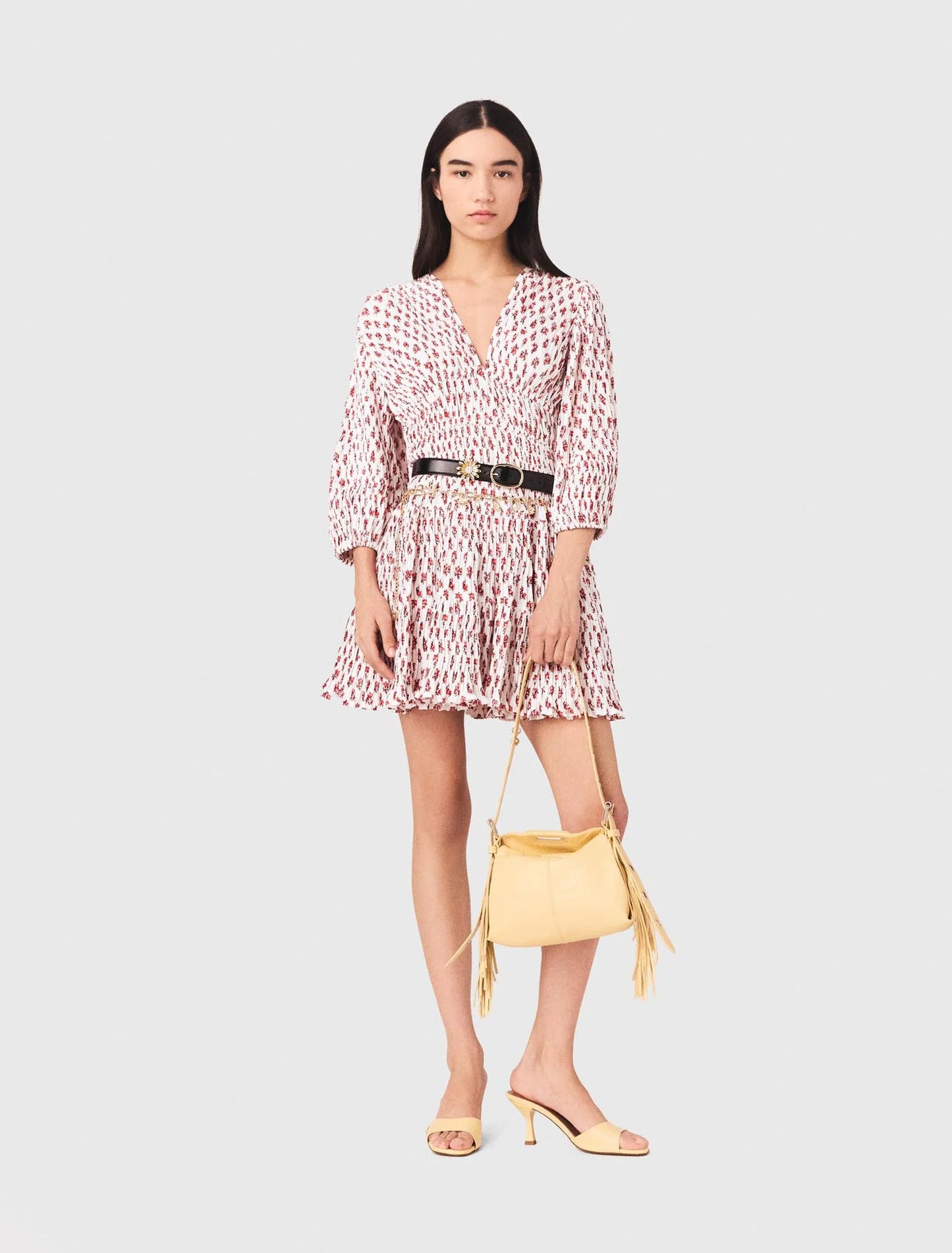 Patterned Pleated Dress Red Small Flowers Print